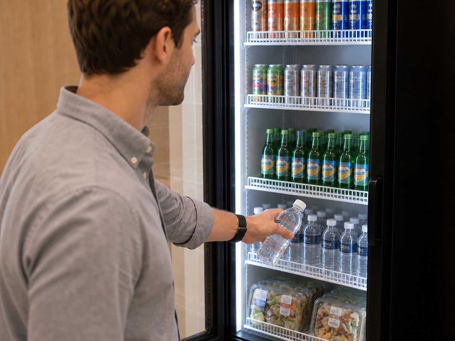 Professional taking a water bottle from an open AI smart cooler