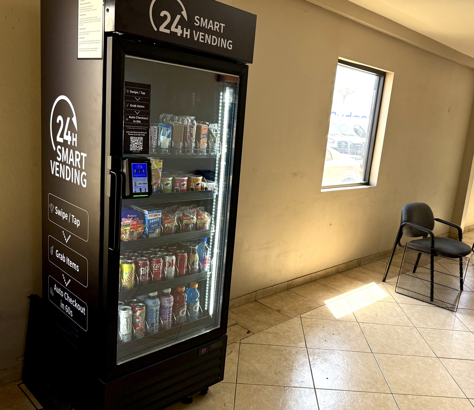 LevelUp installation in a tiled seating area, view 1