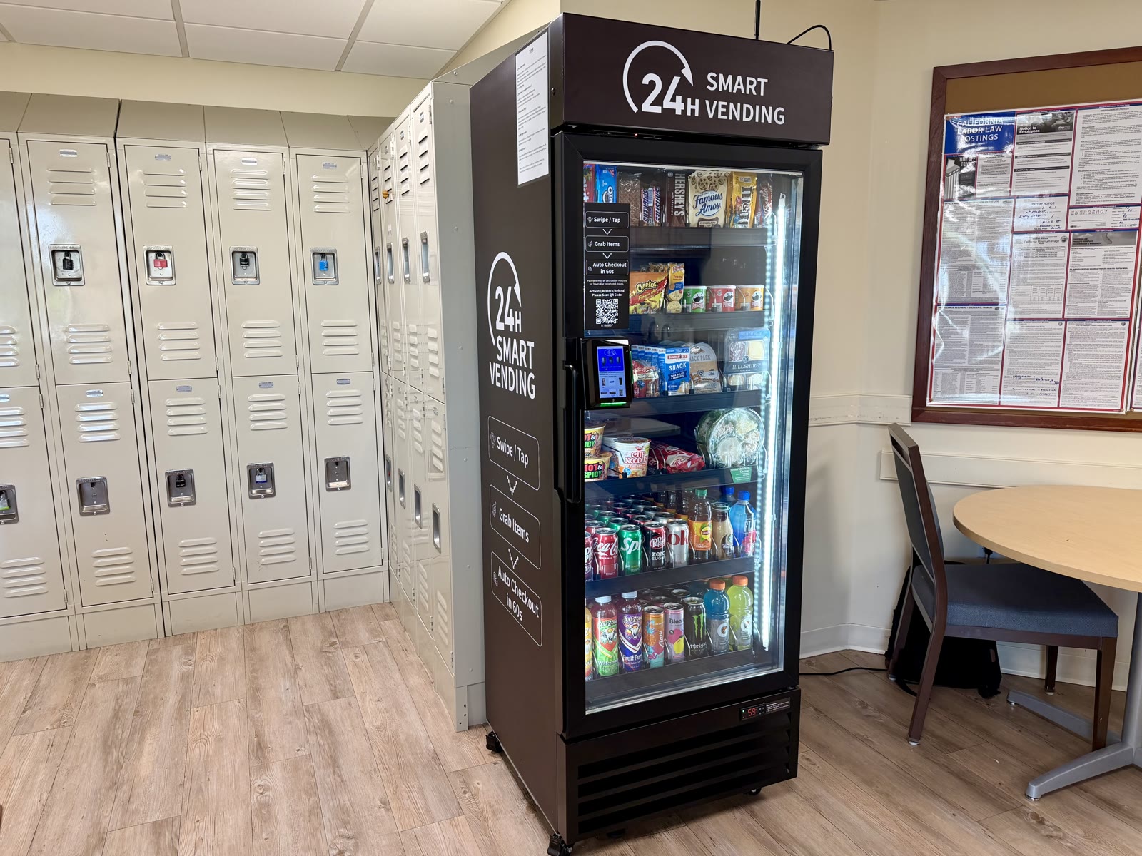 LevelUp installation in a locker-area breakroom, view 1