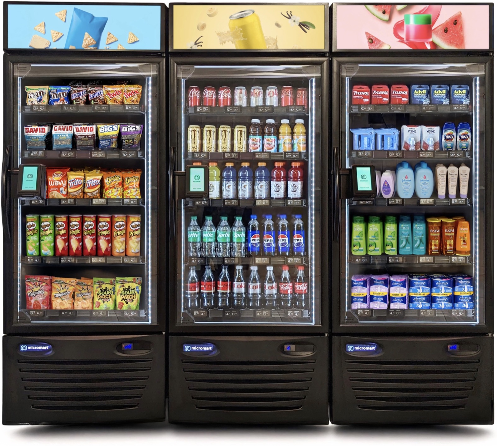 Three Micromart smart coolers stocked with drinks, snacks and personal-care essentials